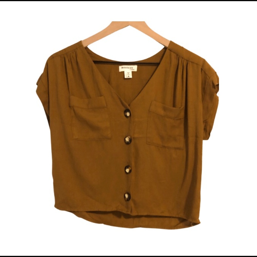 Brown Earth Tone Button Short Sleeve Top